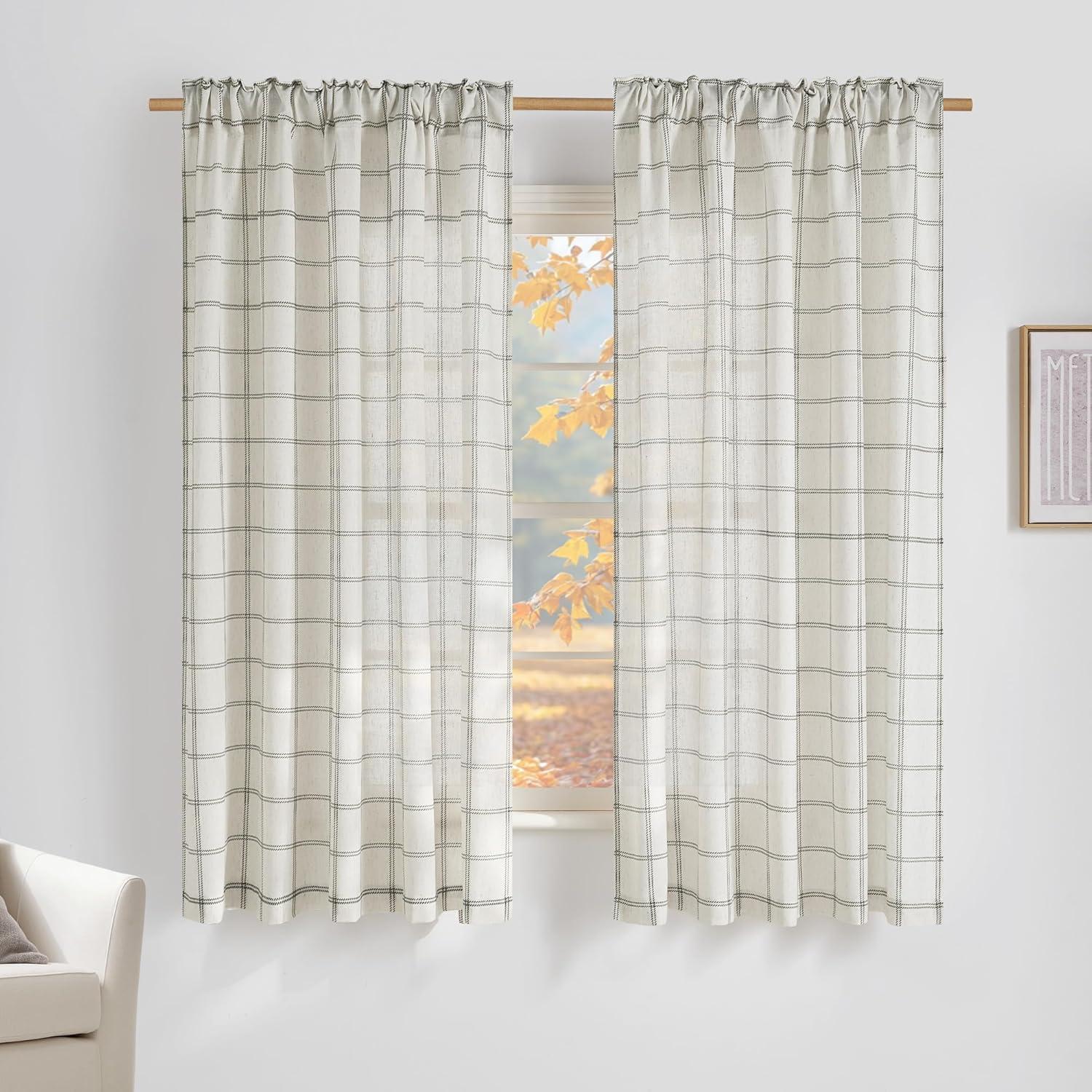 imageNICETOWN Linen Plaid Curtains 96 inches Long Grid Pattern Light Filtering Privacy Shade for Living Room Bedroom Farmhouse Rod Pocket Back Tab Semi Sheer Curtains 1 Pair Linen 52W x 96LDiagonal Check  White