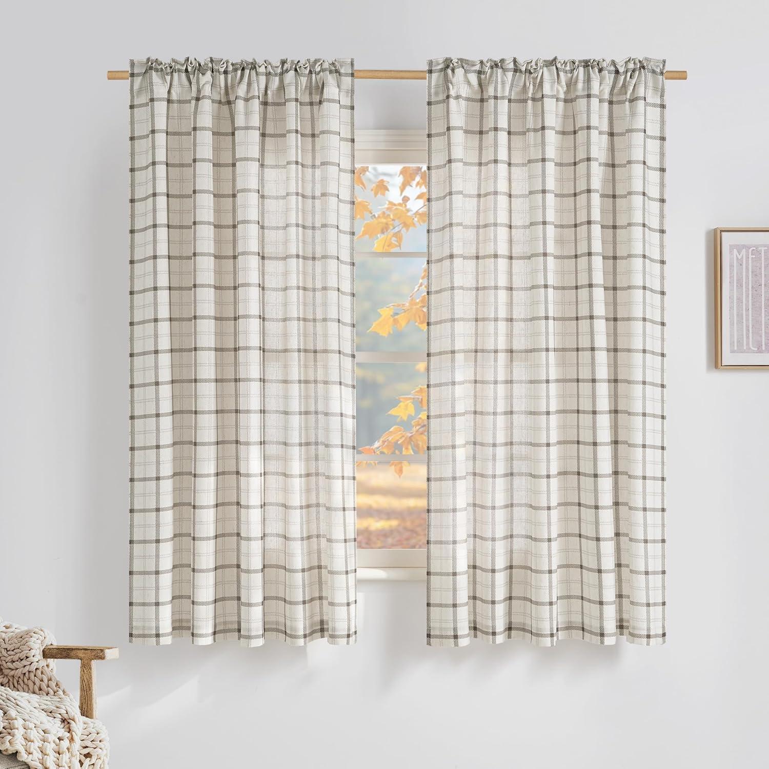 imageNICETOWN Linen Plaid Curtains 96 inches Long Grid Pattern Light Filtering Privacy Shade for Living Room Bedroom Farmhouse Rod Pocket Back Tab Semi Sheer Curtains 1 Pair Linen 52W x 96LGrid Pattern  White