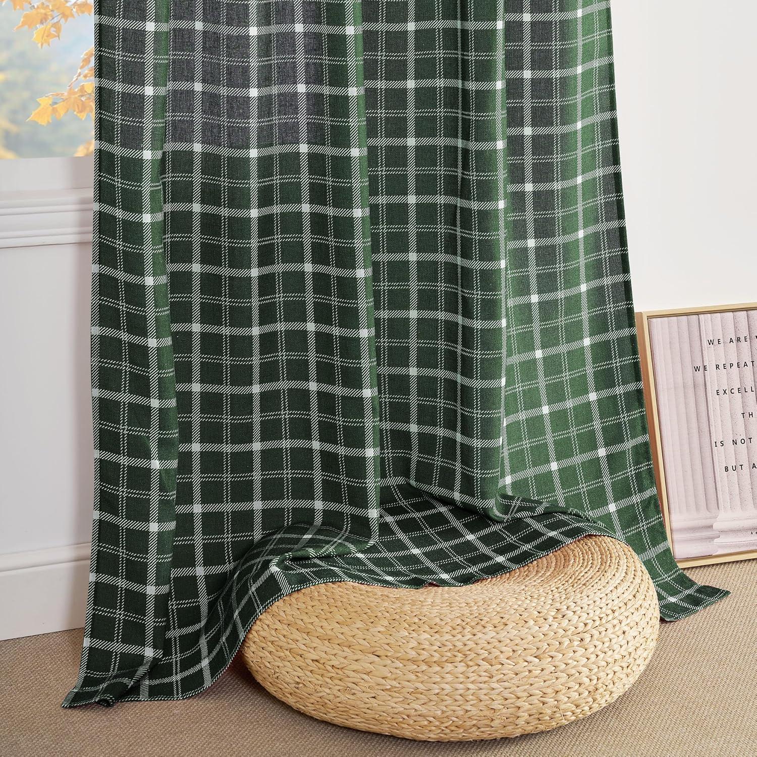 imageNICETOWN Linen Plaid Curtains 96 inches Long Grid Pattern Light Filtering Privacy Shade for Living Room Bedroom Farmhouse Rod Pocket Back Tab Semi Sheer Curtains 1 Pair Linen 52W x 96LGrid Pattern  Christmas Green