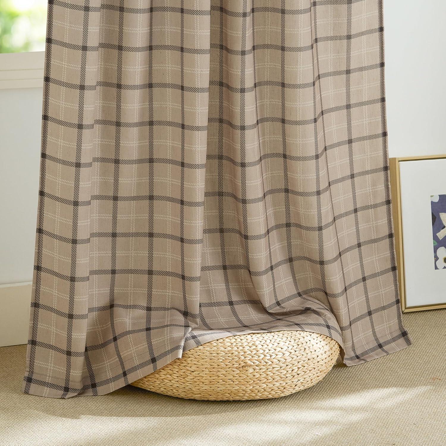 imageNICETOWN Linen Plaid Curtains 96 inches Long Grid Pattern Light Filtering Privacy Shade for Living Room Bedroom Farmhouse Rod Pocket Back Tab Semi Sheer Curtains 1 Pair Linen 52W x 96LGrid Pattern  Light Greige