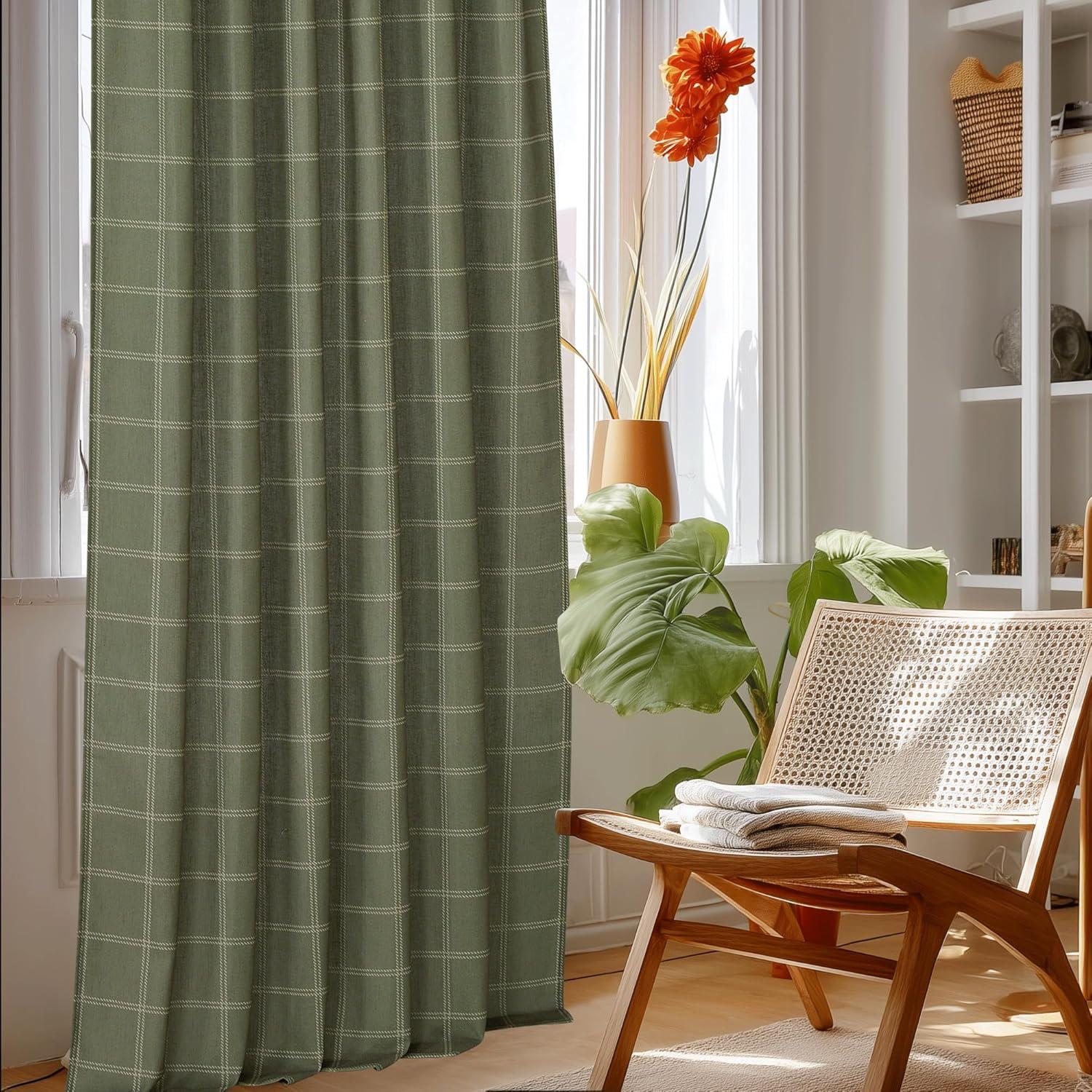 imageNICETOWN Linen Plaid Curtains 96 inches Long Grid Pattern Light Filtering Privacy Shade for Living Room Bedroom Farmhouse Rod Pocket Back Tab Semi Sheer Curtains 1 Pair Linen 52W x 96LDiagonal Check  Moss Green