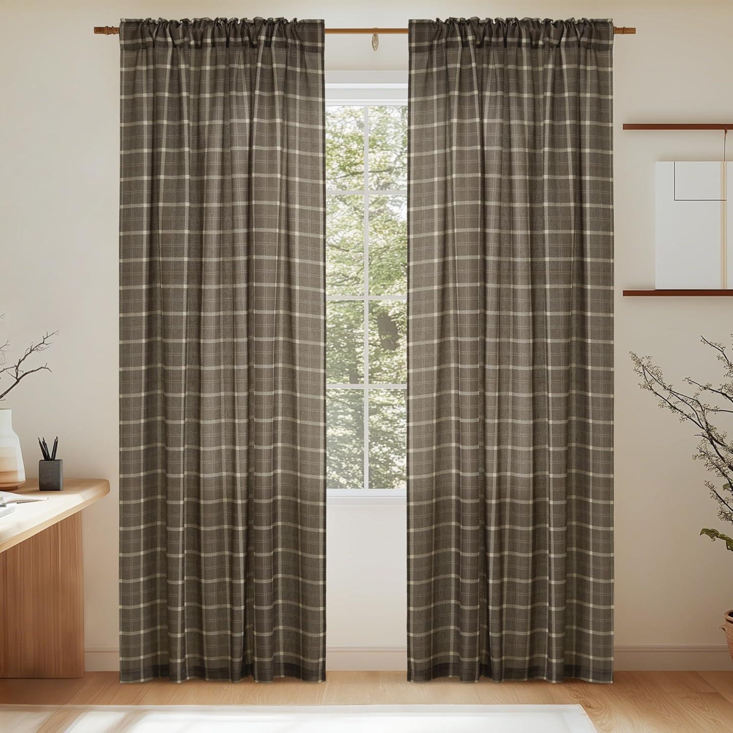 imageNICETOWN Linen Plaid Curtains 96 inches Long Grid Pattern Light Filtering Privacy Shade for Living Room Bedroom Farmhouse Rod Pocket Back Tab Semi Sheer Curtains 1 Pair Linen 52W x 96LGrid Pattern  Taupe
