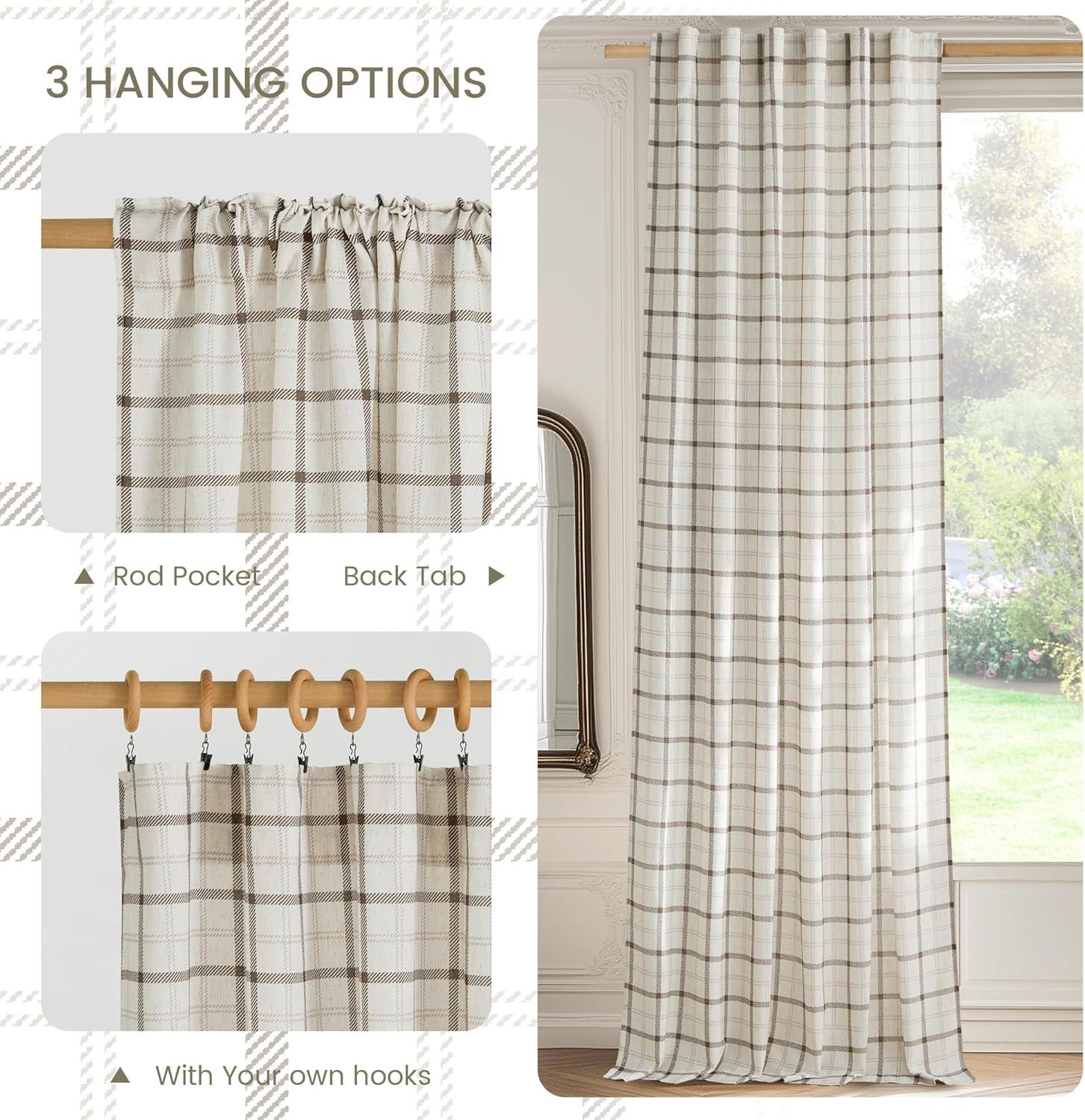 imageNICETOWN Linen Plaid Curtains 96 inches Long Grid Pattern Light Filtering Privacy Shade for Living Room Bedroom Farmhouse Rod Pocket Back Tab Semi Sheer Curtains 1 Pair Linen 52W x 96LGrid Pattern  White