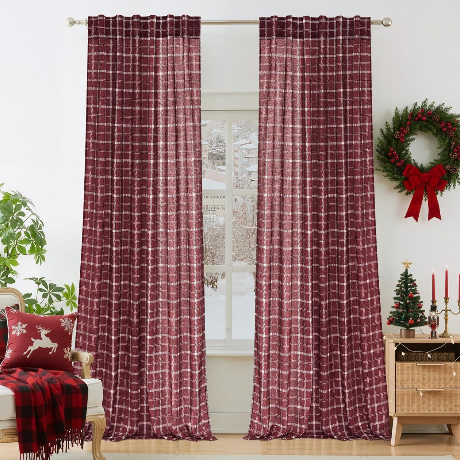 imageNICETOWN Linen Plaid Curtains 96 inches Long Grid Pattern Light Filtering Privacy Shade for Living Room Bedroom Farmhouse Rod Pocket Back Tab Semi Sheer Curtains 1 Pair Linen 52W x 96LGrid Pattern  Christmas Red