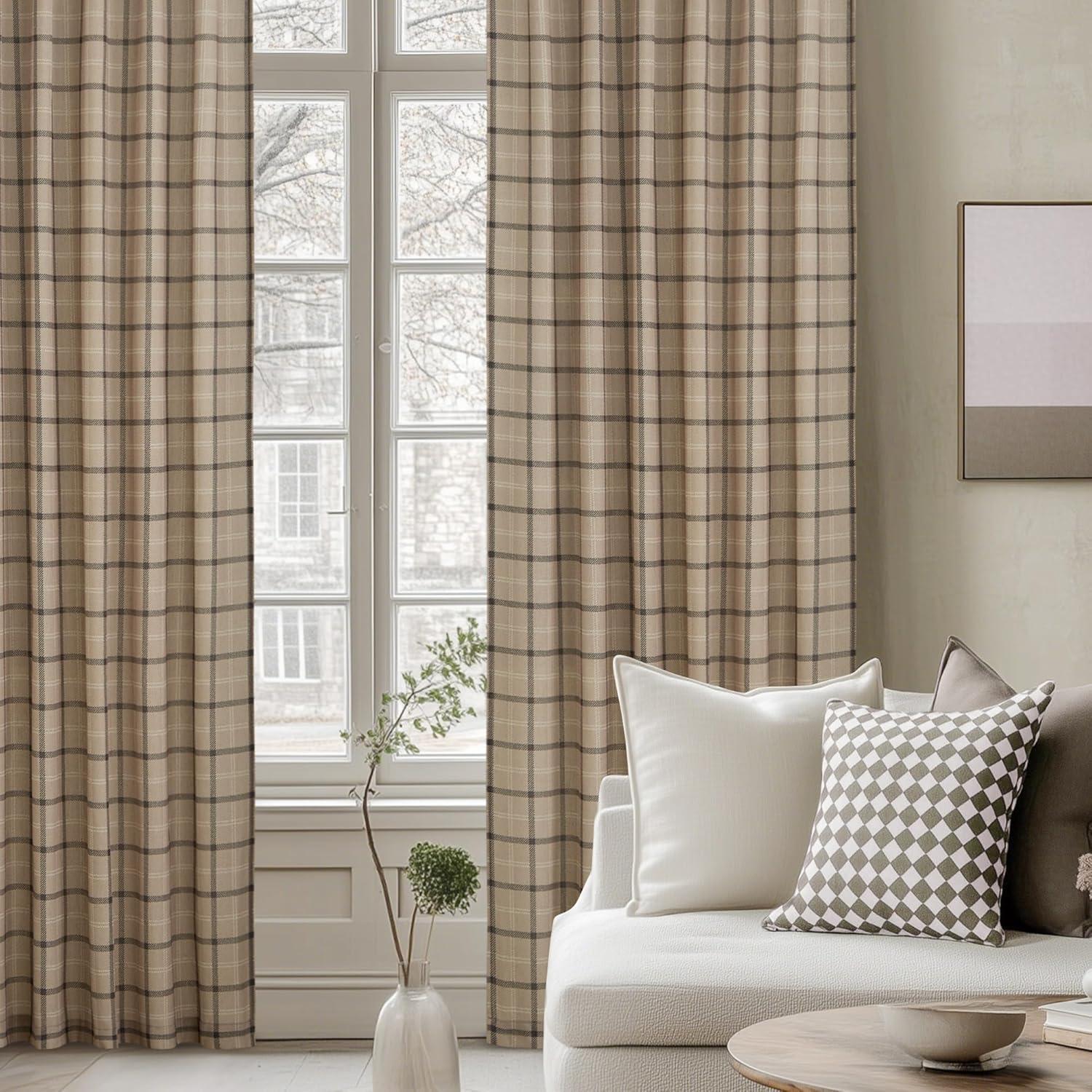 imageNICETOWN Linen Plaid Curtains 96 inches Long Grid Pattern Light Filtering Privacy Shade for Living Room Bedroom Farmhouse Rod Pocket Back Tab Semi Sheer Curtains 1 Pair Linen 52W x 96LGrid Pattern  Light Greige