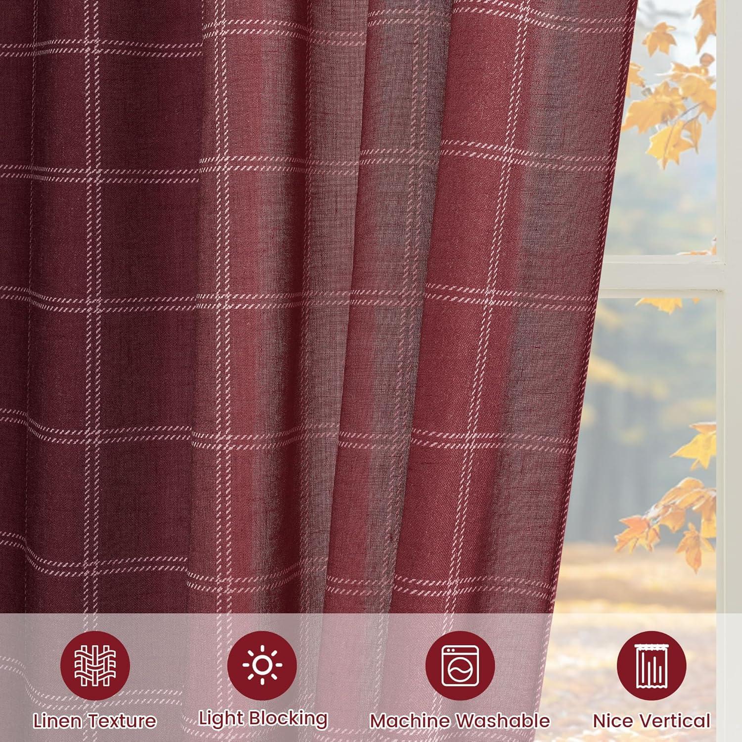 imageNICETOWN Linen Plaid Curtains 96 inches Long Grid Pattern Light Filtering Privacy Shade for Living Room Bedroom Farmhouse Rod Pocket Back Tab Semi Sheer Curtains 1 Pair Linen 52W x 96LDiagonal Check  Christmas Red