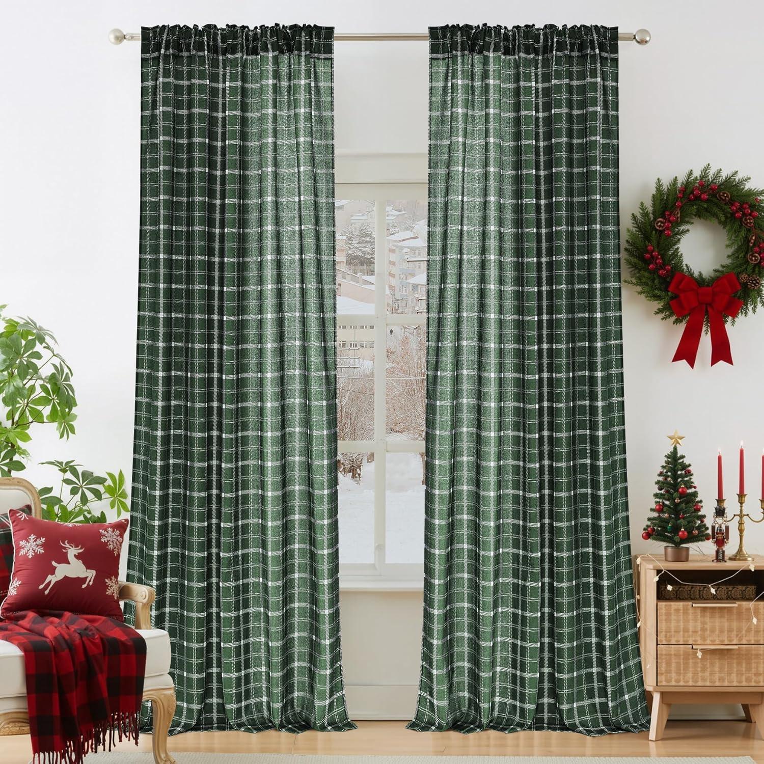 imageNICETOWN Linen Plaid Curtains 96 inches Long Grid Pattern Light Filtering Privacy Shade for Living Room Bedroom Farmhouse Rod Pocket Back Tab Semi Sheer Curtains 1 Pair Linen 52W x 96LGrid Pattern  Christmas Green