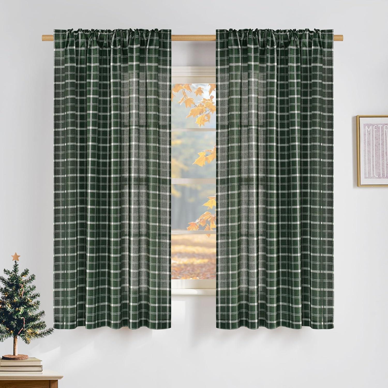 imageNICETOWN Linen Plaid Curtains 96 inches Long Grid Pattern Light Filtering Privacy Shade for Living Room Bedroom Farmhouse Rod Pocket Back Tab Semi Sheer Curtains 1 Pair Linen 52W x 96LGrid Pattern  Christmas Green