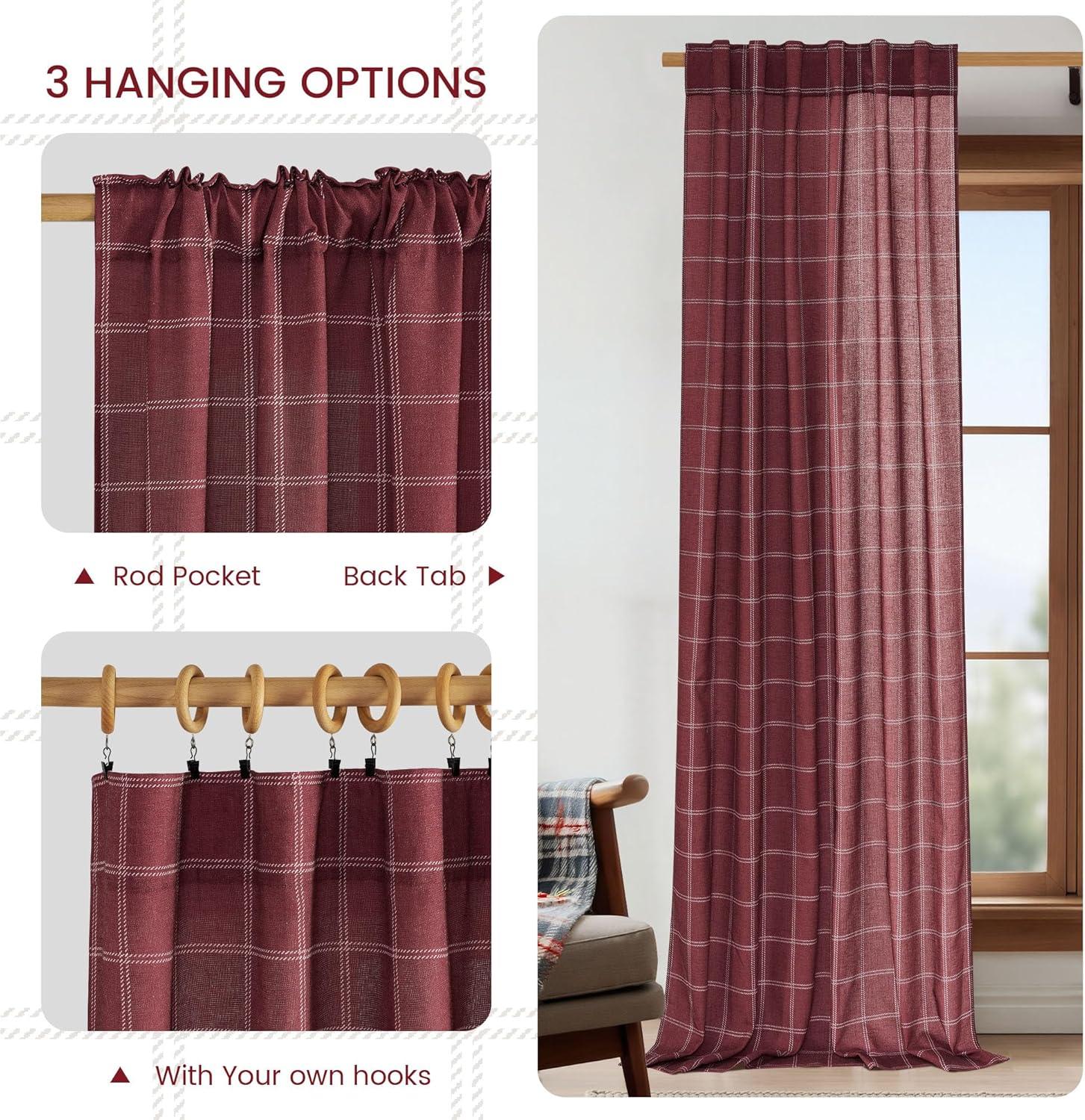 imageNICETOWN Linen Plaid Curtains 96 inches Long Grid Pattern Light Filtering Privacy Shade for Living Room Bedroom Farmhouse Rod Pocket Back Tab Semi Sheer Curtains 1 Pair Linen 52W x 96LDiagonal Check  Christmas Red