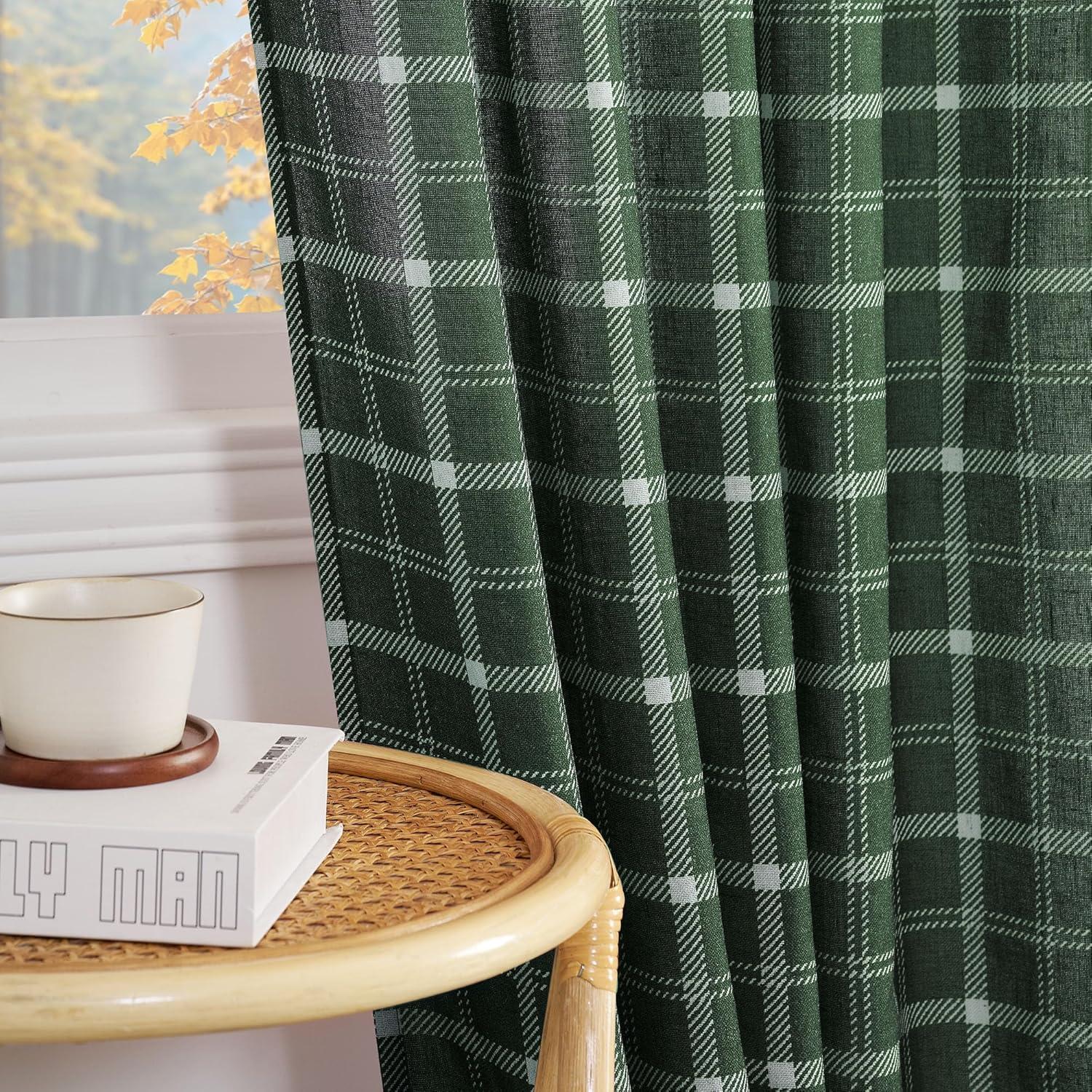 imageNICETOWN Linen Plaid Curtains 96 inches Long Grid Pattern Light Filtering Privacy Shade for Living Room Bedroom Farmhouse Rod Pocket Back Tab Semi Sheer Curtains 1 Pair Linen 52W x 96LGrid Pattern  Christmas Green