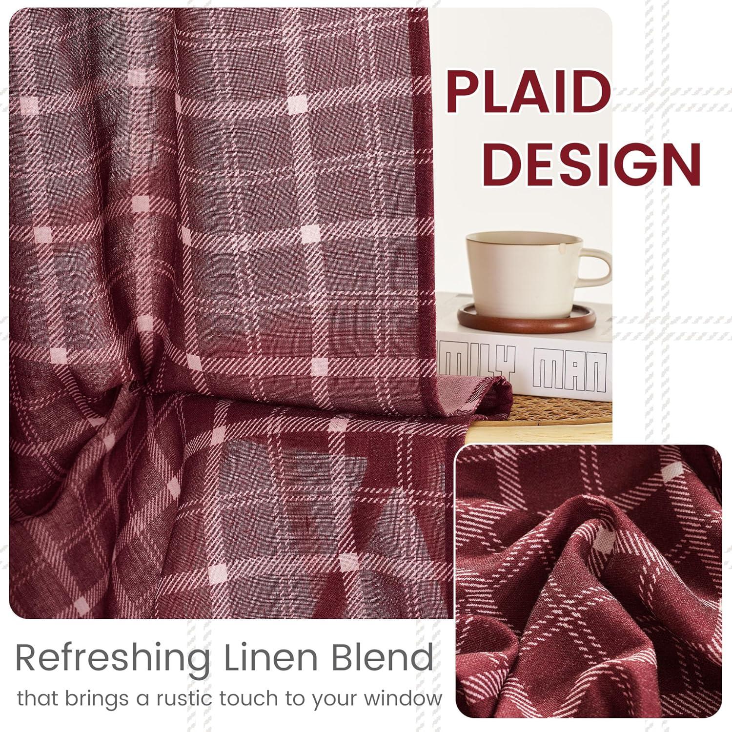 imageNICETOWN Linen Plaid Curtains 96 inches Long Grid Pattern Light Filtering Privacy Shade for Living Room Bedroom Farmhouse Rod Pocket Back Tab Semi Sheer Curtains 1 Pair Linen 52W x 96LGrid Pattern  Christmas Red