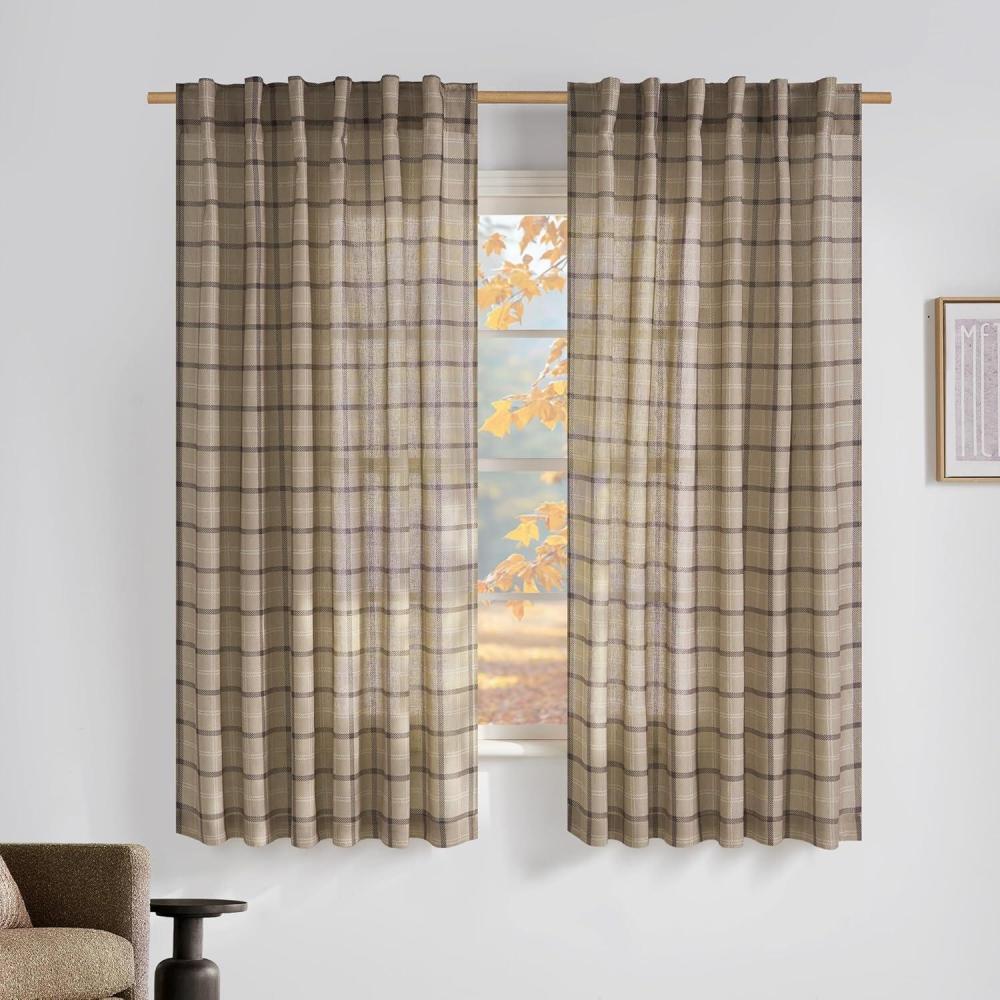 imageNICETOWN Linen Plaid Curtains 96 inches Long Grid Pattern Light Filtering Privacy Shade for Living Room Bedroom Farmhouse Rod Pocket Back Tab Semi Sheer Curtains 1 Pair Linen 52W x 96LGrid Pattern  Light Greige