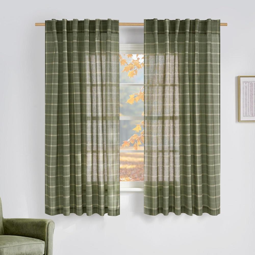 imageNICETOWN Linen Plaid Curtains 96 inches Long Grid Pattern Light Filtering Privacy Shade for Living Room Bedroom Farmhouse Rod Pocket Back Tab Semi Sheer Curtains 1 Pair Linen 52W x 96LGrid Pattern  Moss Green