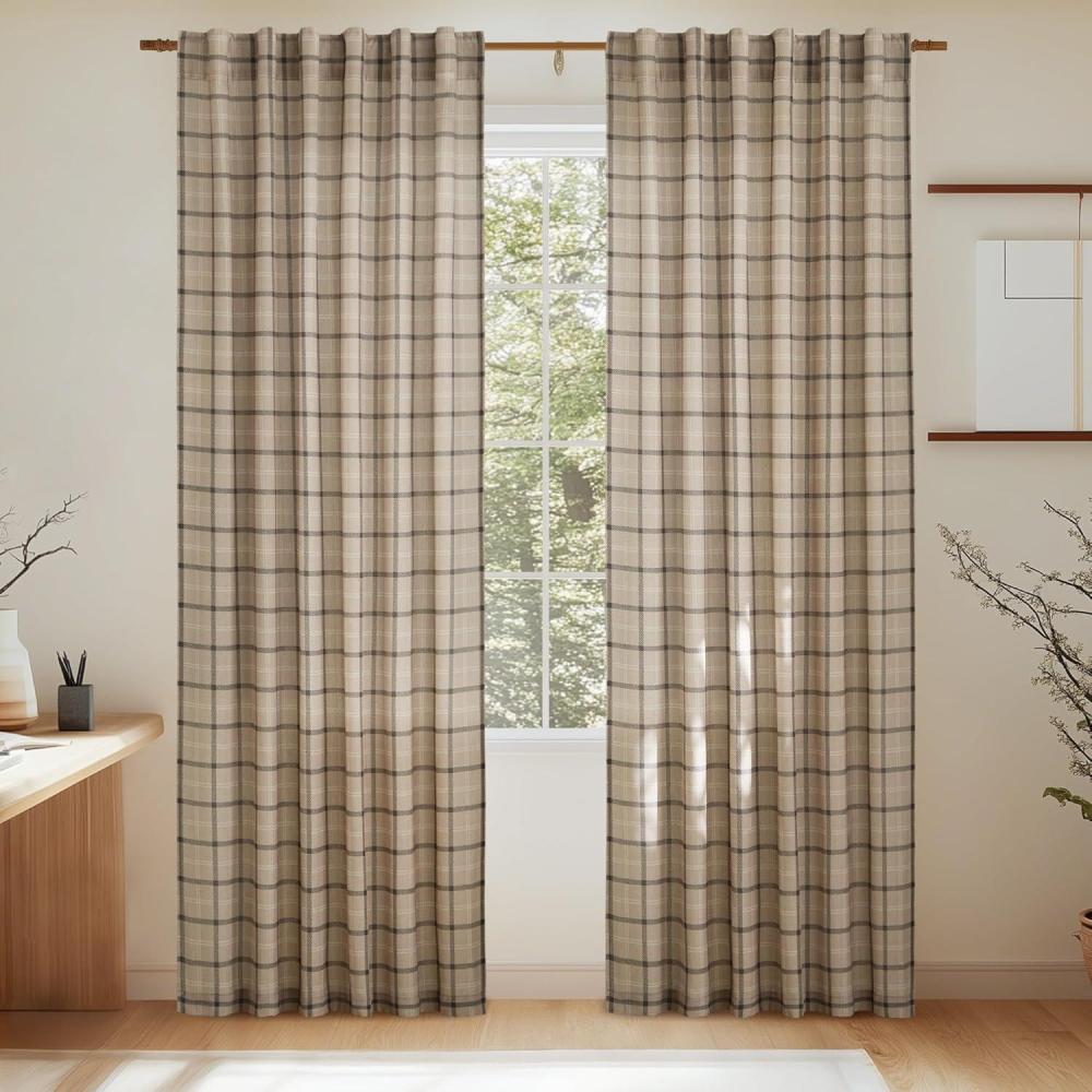imageNICETOWN Linen Plaid Curtains 96 inches Long Grid Pattern Light Filtering Privacy Shade for Living Room Bedroom Farmhouse Rod Pocket Back Tab Semi Sheer Curtains 1 Pair Linen 52W x 96LDiagonal Check  Light Greige