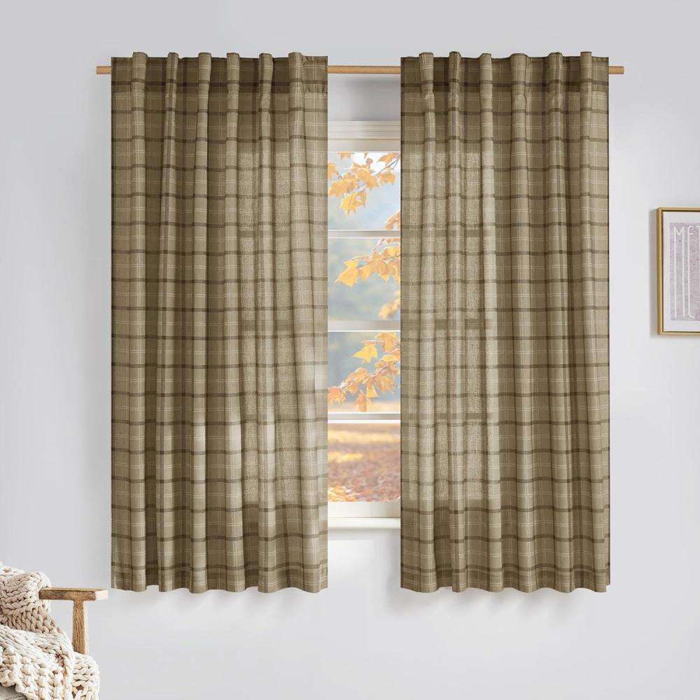 imageNICETOWN Linen Plaid Curtains 96 inches Long Grid Pattern Light Filtering Privacy Shade for Living Room Bedroom Farmhouse Rod Pocket Back Tab Semi Sheer Curtains 1 Pair Linen 52W x 96LGrid Pattern  Linen