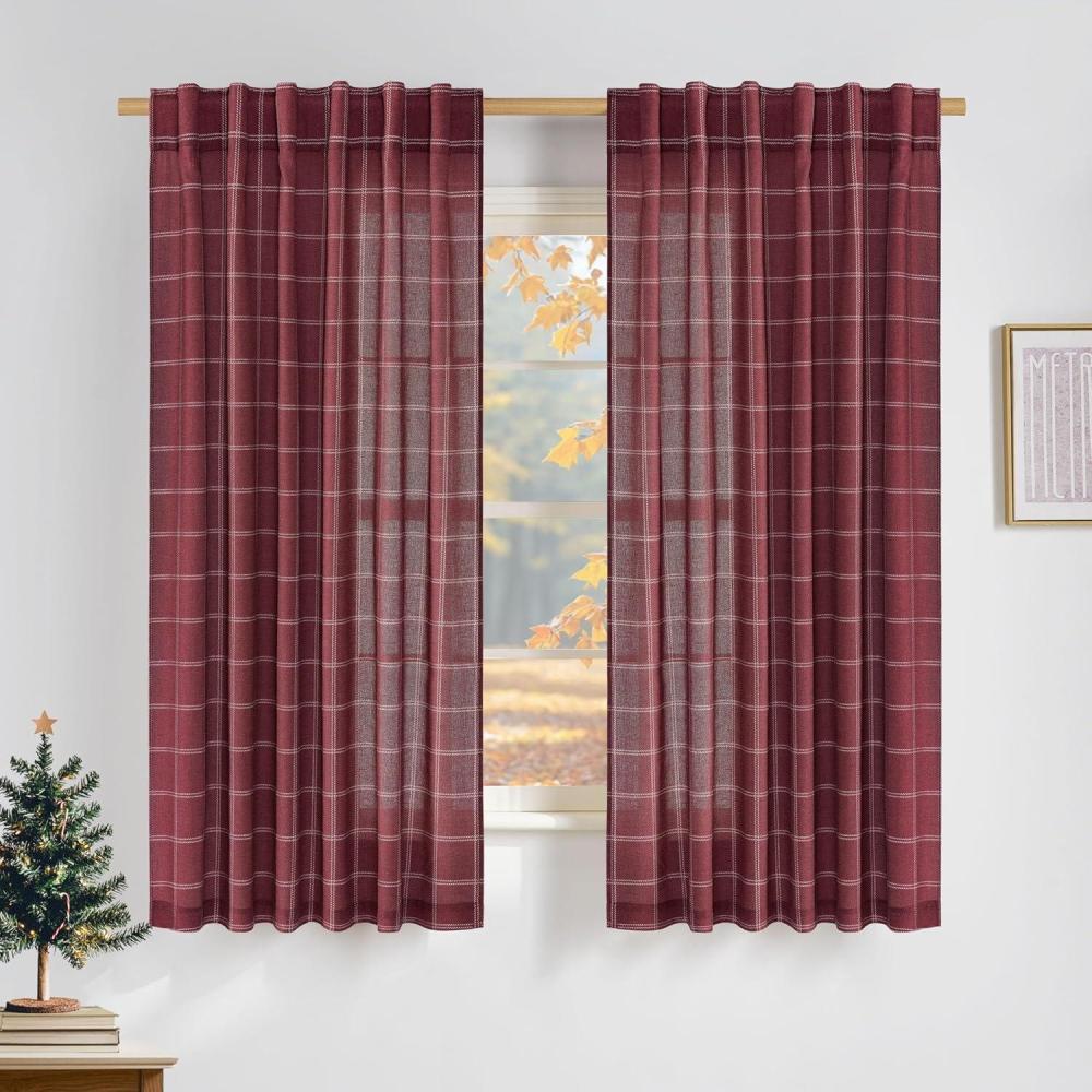imageNICETOWN Linen Plaid Curtains 96 inches Long Grid Pattern Light Filtering Privacy Shade for Living Room Bedroom Farmhouse Rod Pocket Back Tab Semi Sheer Curtains 1 Pair Linen 52W x 96LDiagonal Check  Christmas Red