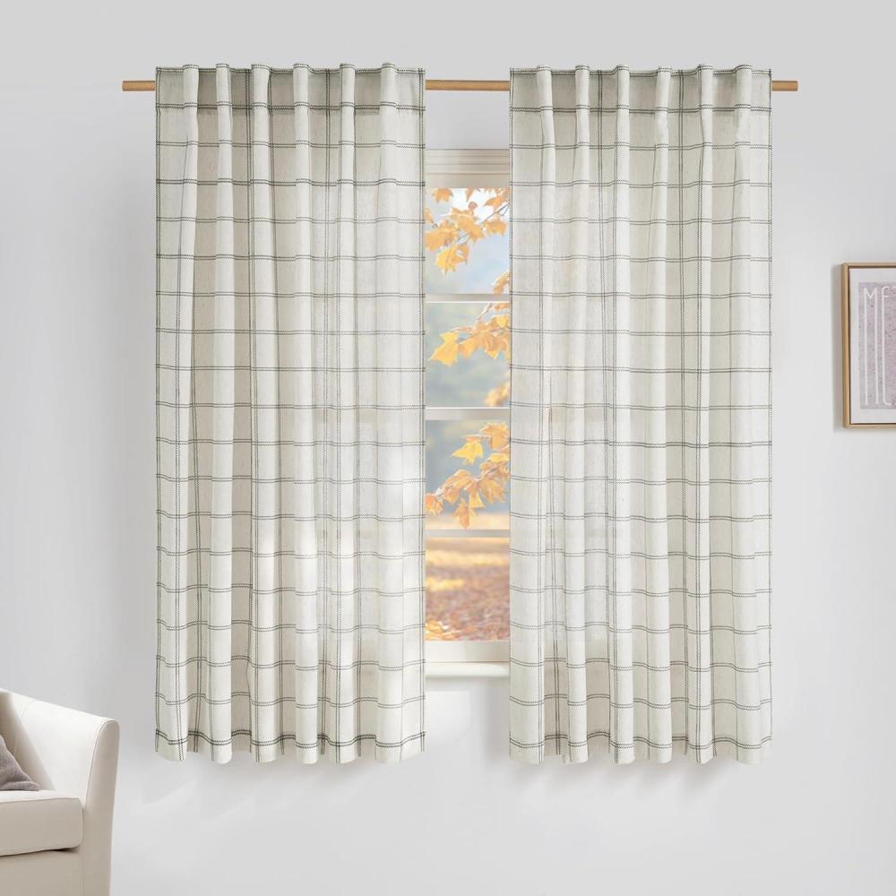 imageNICETOWN Linen Plaid Curtains 96 inches Long Grid Pattern Light Filtering Privacy Shade for Living Room Bedroom Farmhouse Rod Pocket Back Tab Semi Sheer Curtains 1 Pair Linen 52W x 96LDiagonal Check  White