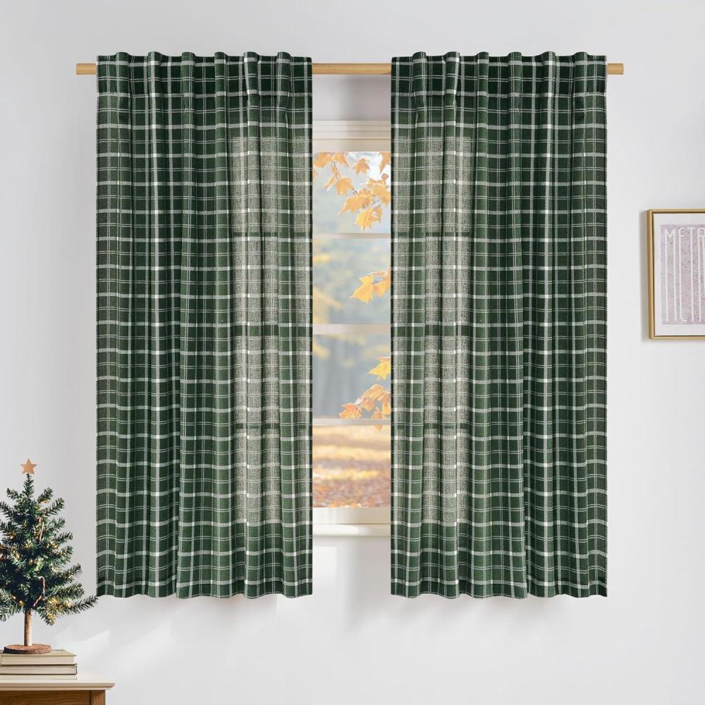 imageNICETOWN Linen Plaid Curtains 96 inches Long Grid Pattern Light Filtering Privacy Shade for Living Room Bedroom Farmhouse Rod Pocket Back Tab Semi Sheer Curtains 1 Pair Linen 52W x 96LGrid Pattern  Christmas Green