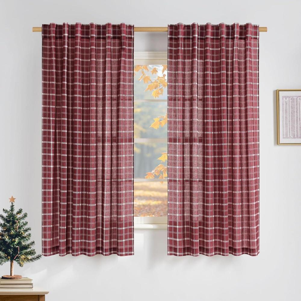 imageNICETOWN Linen Plaid Curtains 96 inches Long Grid Pattern Light Filtering Privacy Shade for Living Room Bedroom Farmhouse Rod Pocket Back Tab Semi Sheer Curtains 1 Pair Linen 52W x 96LGrid Pattern  Christmas Red