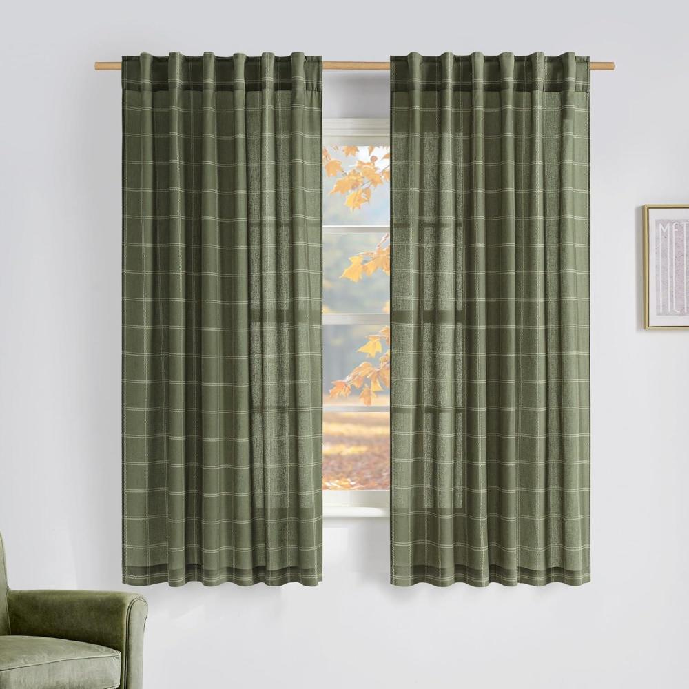 imageNICETOWN Linen Plaid Curtains 96 inches Long Grid Pattern Light Filtering Privacy Shade for Living Room Bedroom Farmhouse Rod Pocket Back Tab Semi Sheer Curtains 1 Pair Linen 52W x 96LDiagonal Check  Moss Green
