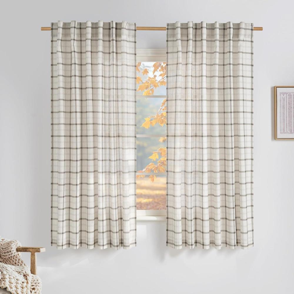 imageNICETOWN Linen Plaid Curtains 96 inches Long Grid Pattern Light Filtering Privacy Shade for Living Room Bedroom Farmhouse Rod Pocket Back Tab Semi Sheer Curtains 1 Pair Linen 52W x 96LGrid Pattern  White