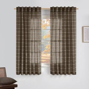 imageNICETOWN Linen Plaid Curtains 96 inches Long Grid Pattern Light Filtering Privacy Shade for Living Room Bedroom Farmhouse Rod Pocket Back Tab Semi Sheer Curtains 1 Pair Linen 52W x 96LGrid Pattern  Taupe