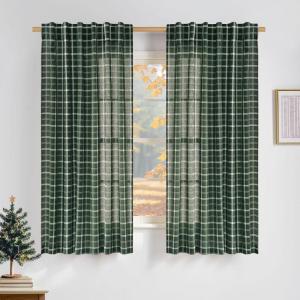 imageNICETOWN Linen Plaid Curtains 96 inches Long Grid Pattern Light Filtering Privacy Shade for Living Room Bedroom Farmhouse Rod Pocket Back Tab Semi Sheer Curtains 1 Pair Linen 52W x 96LGrid Pattern  Christmas Green