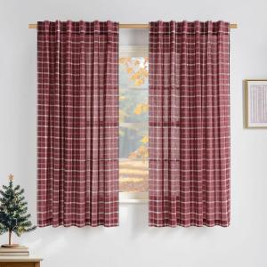 imageNICETOWN Linen Plaid Curtains 96 inches Long Grid Pattern Light Filtering Privacy Shade for Living Room Bedroom Farmhouse Rod Pocket Back Tab Semi Sheer Curtains 1 Pair Linen 52W x 96LGrid Pattern  Christmas Red