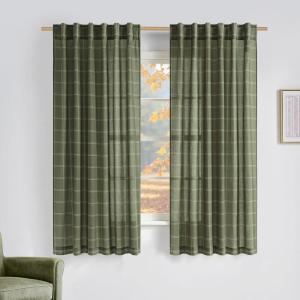 imageNICETOWN Linen Plaid Curtains 96 inches Long Grid Pattern Light Filtering Privacy Shade for Living Room Bedroom Farmhouse Rod Pocket Back Tab Semi Sheer Curtains 1 Pair Linen 52W x 96LDiagonal Check  Moss Green