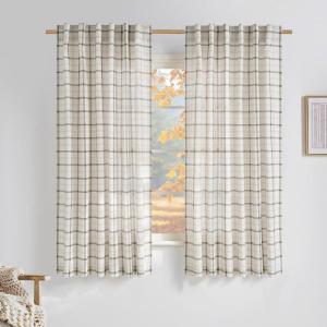 imageNICETOWN Linen Plaid Curtains 96 inches Long Grid Pattern Light Filtering Privacy Shade for Living Room Bedroom Farmhouse Rod Pocket Back Tab Semi Sheer Curtains 1 Pair Linen 52W x 96LGrid Pattern  White