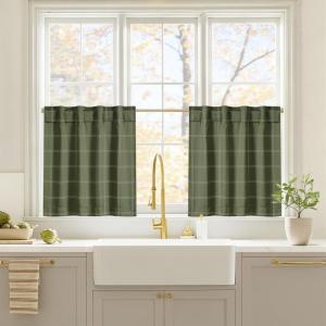 imageNICETOWN Red Christmas Buffalo Plaid Gingham Cafe 100 Blackout Curtains 36 Inch Length Farmhouse Rustic Checkered Half Window Tier Curtain for Kitchen Bathroom 26quot W x 36quot L 2 PanelsGrid Pattern  Olive Green  White