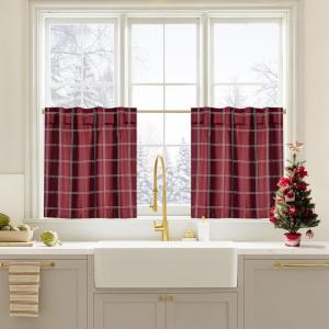 imageNICETOWN Red Christmas Buffalo Plaid Gingham Cafe 100 Blackout Curtains 36 Inch Length Farmhouse Rustic Checkered Half Window Tier Curtain for Kitchen Bathroom 26quot W x 36quot L 2 PanelsGrid Pattern  Red Christmas  White