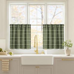 imageNICETOWN Red Christmas Buffalo Plaid Gingham Cafe 100 Blackout Curtains 36 Inch Length Farmhouse Rustic Checkered Half Window Tier Curtain for Kitchen Bathroom 26quot W x 36quot L 2 PanelsPlaid  Olive Green  White