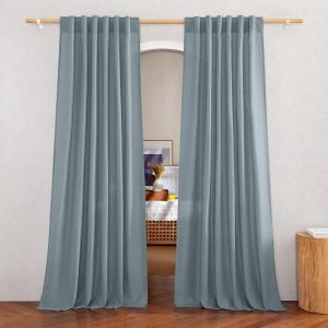 imageNICETOWN Natural Linen Blend Cafe Curtains 24 inch Length Rod Pocket ampamp Back Tab Semi Sheer Privacy Window Treatments Light Filtering for Kitchen W42 x L24 2 PanelsStone Blue