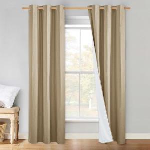 imageNICETOWN 100 Absolutely Blackout Linen Curtains with Thermal Insulated White Liner Camel W34 x L80 2 Panels Long Curtains 80 inch Length for Patio Door Doorway Office Overnight Shiftworker