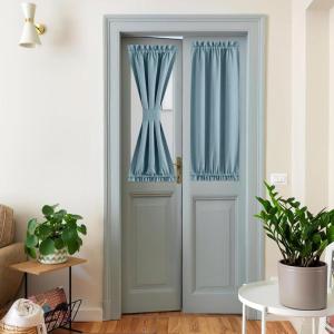 imageNICEETOWN 100 Blackout Door Curtain Light Green Linen Blended Privacy French Short Door Curtain for Patio Sidelight Shade for Glass 25 x 40 inches 1 PanelMist Blue