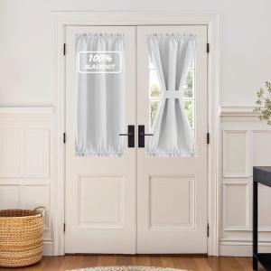 imageNICEETOWN 100 Blackout Door Curtain Light Green Linen Blended Privacy French Short Door Curtain for Patio Sidelight Shade for Glass 25 x 40 inches 1 PanelCloud White