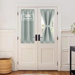imageNICEETOWN 100 Blackout Door Curtain Light Green Linen Blended Privacy French Short Door Curtain for Patio Sidelight Shade for Glass 25 x 40 inches 1 PanelGreyish Green