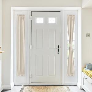 imageNICEETOWN 100 Blackout Door Curtain Light Green Linen Blended Privacy French Short Door Curtain for Patio Sidelight Shade for Glass 25 x 40 inches 1 PanelLight Beige