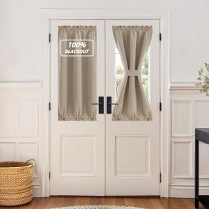 imageNICEETOWN 100 Blackout Door Curtain Light Green Linen Blended Privacy French Short Door Curtain for Patio Sidelight Shade for Glass 25 x 40 inches 1 PanelCamel