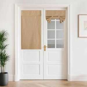 imageNICETOWN Linen Curtain for French Door  100 Blackout Self Adhesive Window Curtain Thermal Insulated Privacy Door Blinds for Sidelight Curtains 26 x 64 inch Long Skylark Blue 1 PCCamel