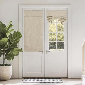 imageNICETOWN Linen Curtain for French Door  100 Blackout Self Adhesive Window Curtain Thermal Insulated Privacy Door Blinds for Sidelight Curtains 26 x 64 inch Long Skylark Blue 1 PCTaupe