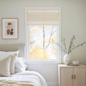 imageNICETOWN Natural Farmhouese Linen No Drill Roman Shades for Windows French Front Door Curtain Solid Cordless Blinds for Farmhouse Door Window Covering with Light Filgtering W26 x L40 1PcNatural