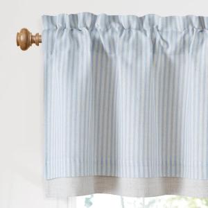 imageNICETOWN Sage Green Double Layer Valance Curtains for Windows Linen Textured Farmhouse Pinstripe Kitchen Window Treatment Light Filtering Rod Pocket for Living Room Bathroom 52x18 1 PanelLight Blue