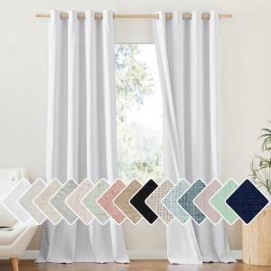 imageNICETOWN 100 Absolutely Blackout Linen Curtains with Thermal Insulated White Liner White 52 inches Wide 102 inches Length Energy Saving Curtains for Living Room 2 Panels Set Vertical Blinds