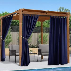 imageNICETOWN 2 Pieces Outdoor Curtainss for Patio Waterproof 95 inch Length Sticky Tab Top Thermal Insulated Blackout Window Treatment Dividers Protect Privacy for CabanaArbor W52 x L95 Silver GreyDark Blue