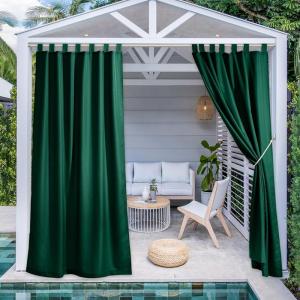 imageNICETOWN 2 Pieces Outdoor Curtainss for Patio Waterproof 95 inch Length Sticky Tab Top Thermal Insulated Blackout Window Treatment Dividers Protect Privacy for CabanaArbor W52 x L95 Silver GreyDark Green