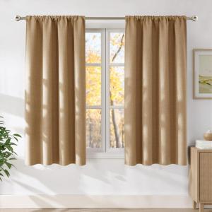 imageNICETOWN Caramel Faux Linen Room Darkening Rod Pocket Curtains 63 inch Length W42 x L63 Light Blocking Thermal Insulated Noise Reducing Drapes for Bedroom Living Room Farmhouse Decor 2 Panels