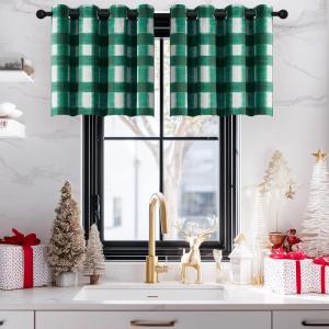 imageNICETOWN Red Blackout Tiers Window Curtains 30 inch Length 2 Panels Short Tiers for Home Decor Small Kitchen Christmas Curtains for Half Window 52 by 30 Inch 2 Panels Burgundy RedGreen  White