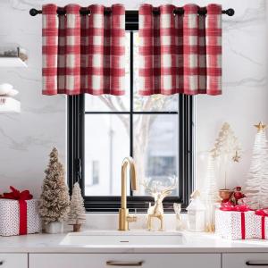 imageNICETOWN Red Blackout Tiers Window Curtains 30 inch Length 2 Panels Short Tiers for Home Decor Small Kitchen Christmas Curtains for Half Window 52 by 30 Inch 2 Panels Burgundy RedRed  White